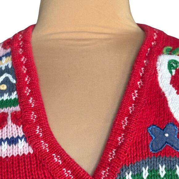 Vintage Karen Scott Red Knit Heart Patchwork Folk Art Sweater Vest Large Cozy - Picture 4 of 16